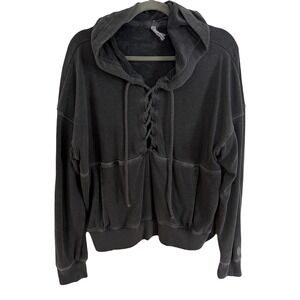 Free People Charcoal Grey Lace Up Lounge Hoodie Sweatshirt‎ Medium